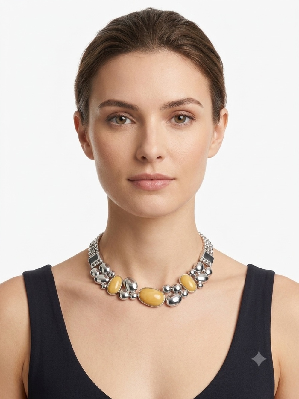Lia Sophia Adjustable Statement Silver Necklace with Yellow Stone Accents